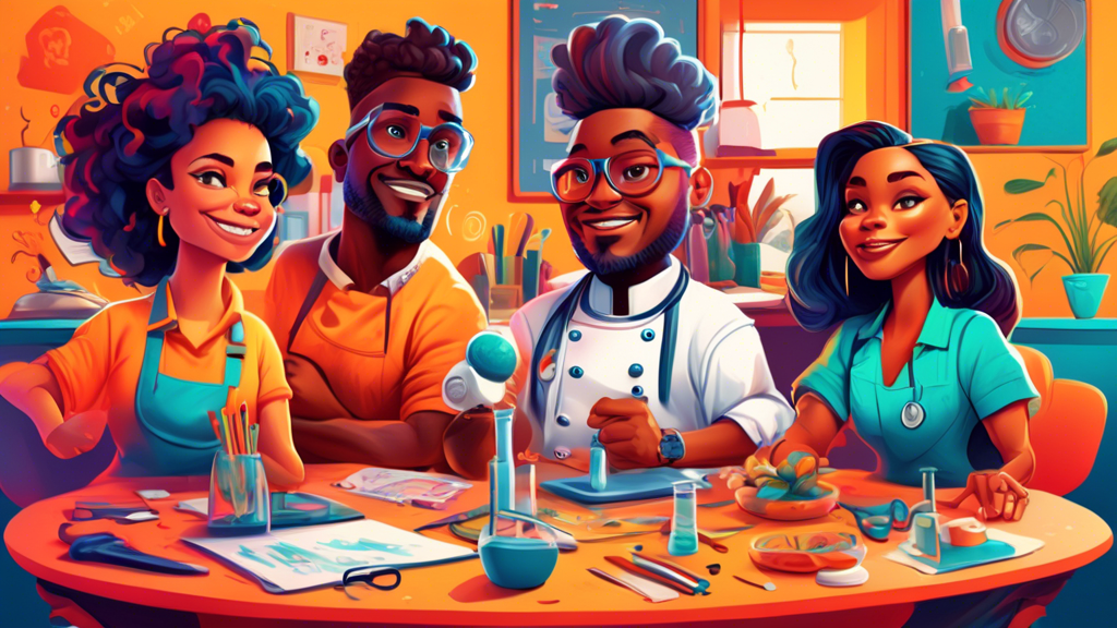 Four diverse cartoon characters brainstorming around a table, each depicting different professions (a scientist, an artist, an athlete, and a chef), in a vibrant, colorful room filled with creative en