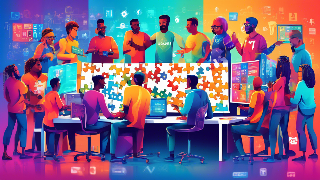 DALL-E, create an image showing a group of diverse, animated programmers each holding a puzzle piece with different programming language logos on them, gathered around a large computer screen displayi