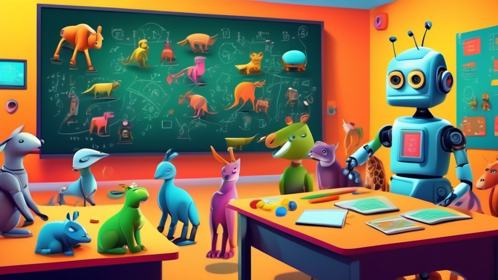 Intelligent robot teaching a group of diverse animals various mathematical concepts using a digital blackboard in a colorful, futuristic classroom.