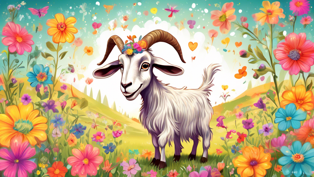 An imaginative illustration of a playful goat in a vibrant meadow, surrounded by whimsical name tags featuring creative names like 'Sir Baa-lot', 'Goat-tas