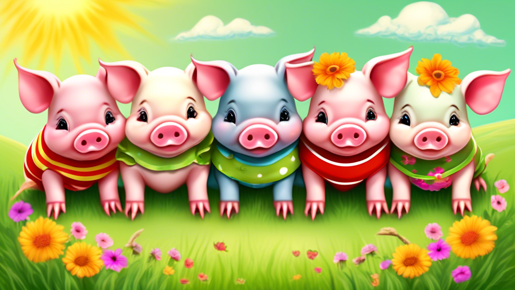 An adorable scene featuring a group of cute, playful piglets with creative names written above them in colorful, whimsical fonts. Each piglet representing