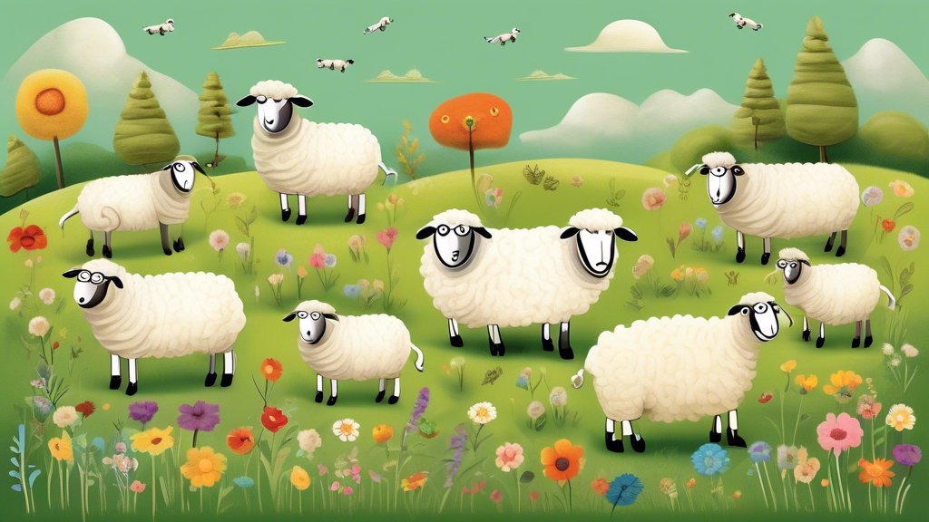 Create an imaginative and playful illustration featuring a variety of sheep, each with unique and creative names displayed above them. The setting is a lus