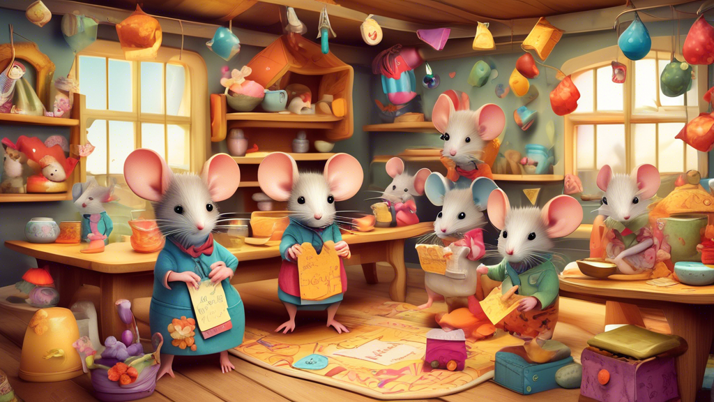 Create an illustration of a whimsical mouse house filled with colorful mice sporting various playful outfits, each with a unique name tag. The setting shou