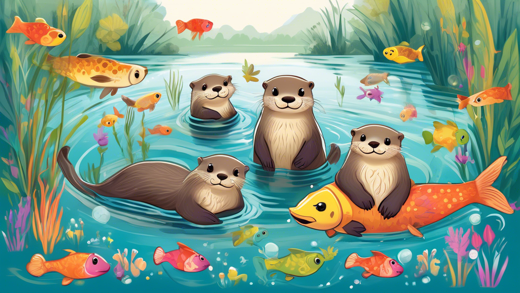 A charming and whimsical illustration of playful otters in a lush river setting, each wearing cute name tags with creative names like 'Waddles', 'Bubbles',