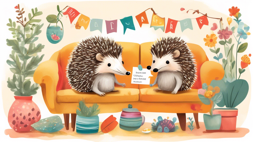 Create a whimsical illustration of a cozy living room scene featuring a variety of cute hedgehogs with playful and creative names displayed on little name