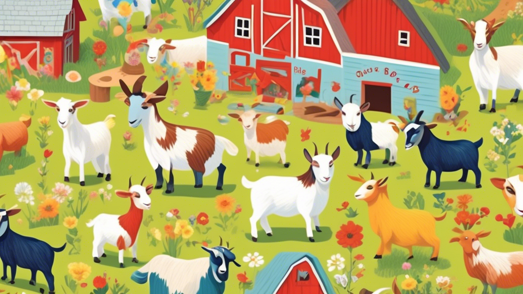 Create an imaginative scene featuring a colorful farmyard filled with playful goats, each wearing a name tag that showcases unique and creative names like