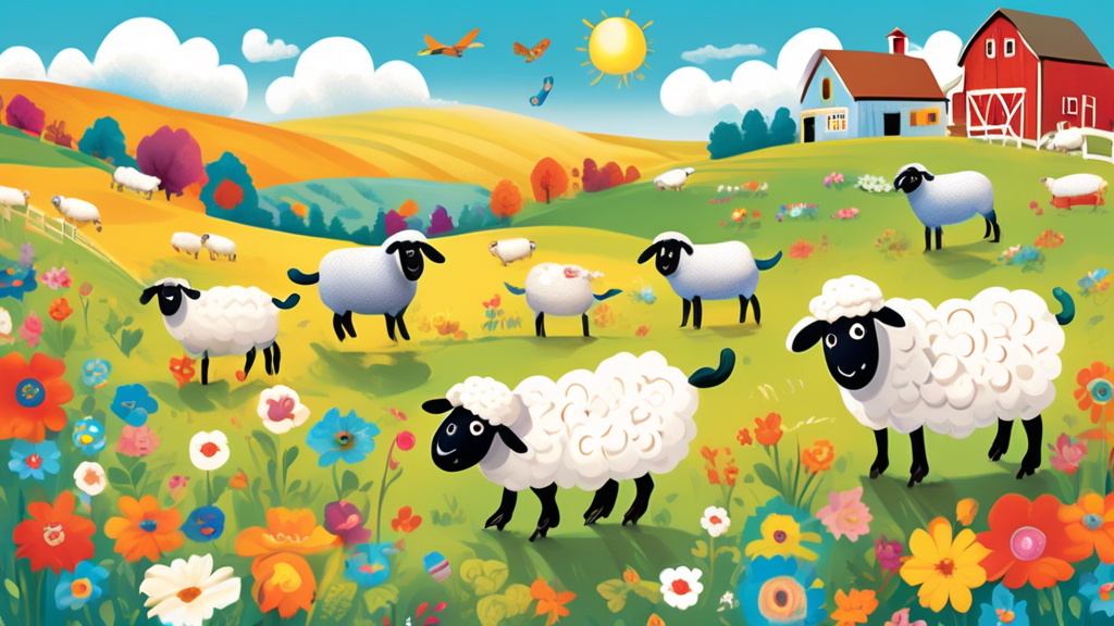 A whimsical illustration of a farm scene featuring playful sheep with creative and funny names, each adorned with colorful name tags. The background showca