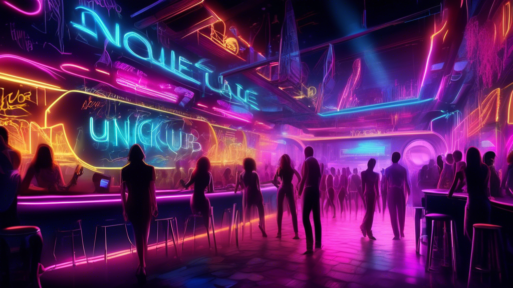 An artistic and vibrant scene showcasing a futuristic nightclub, with neon lights and unique architectural elements. In the foreground, a chalkboard displa